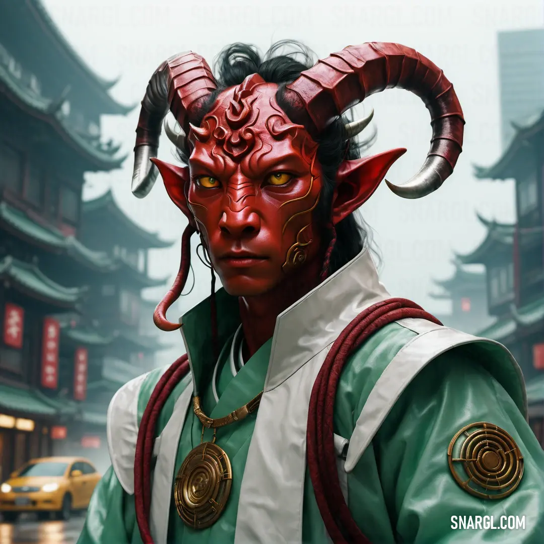 Tiefling in a green and white outfit with horns on his head and a green and white shirt on