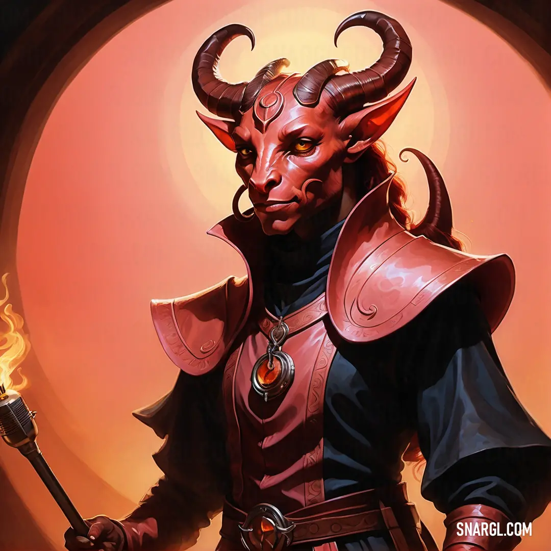 Tiefling in a horned costume holding a sword and a flame in his hand, with a red background