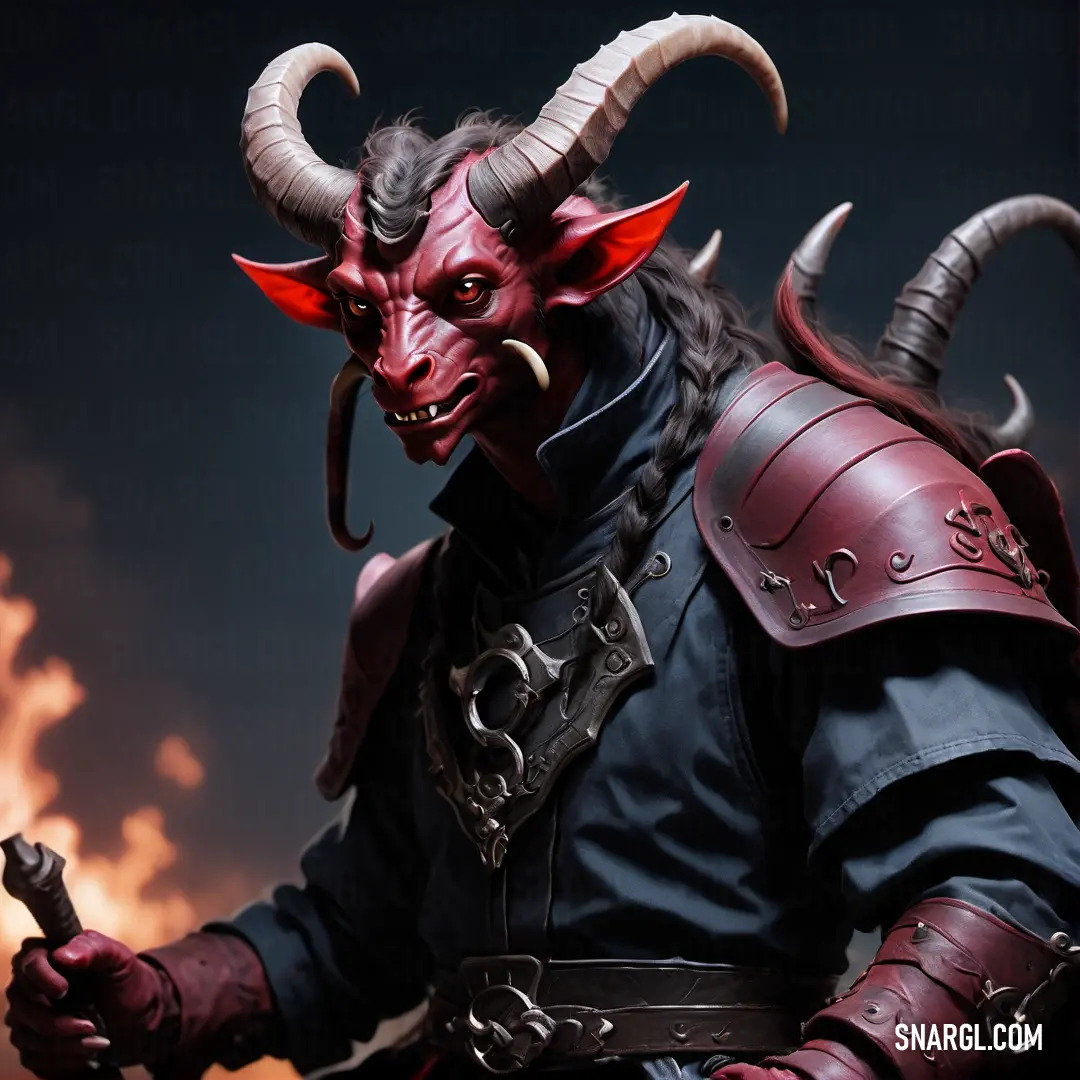 Tiefling in a horned costume holding a sword and wearing horns and a helmet with horns on his head
