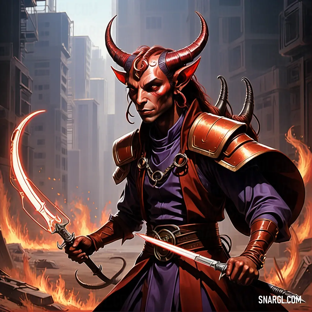 Tiefling in a horned costume holding a sword and a sword in his hand with flames in the background