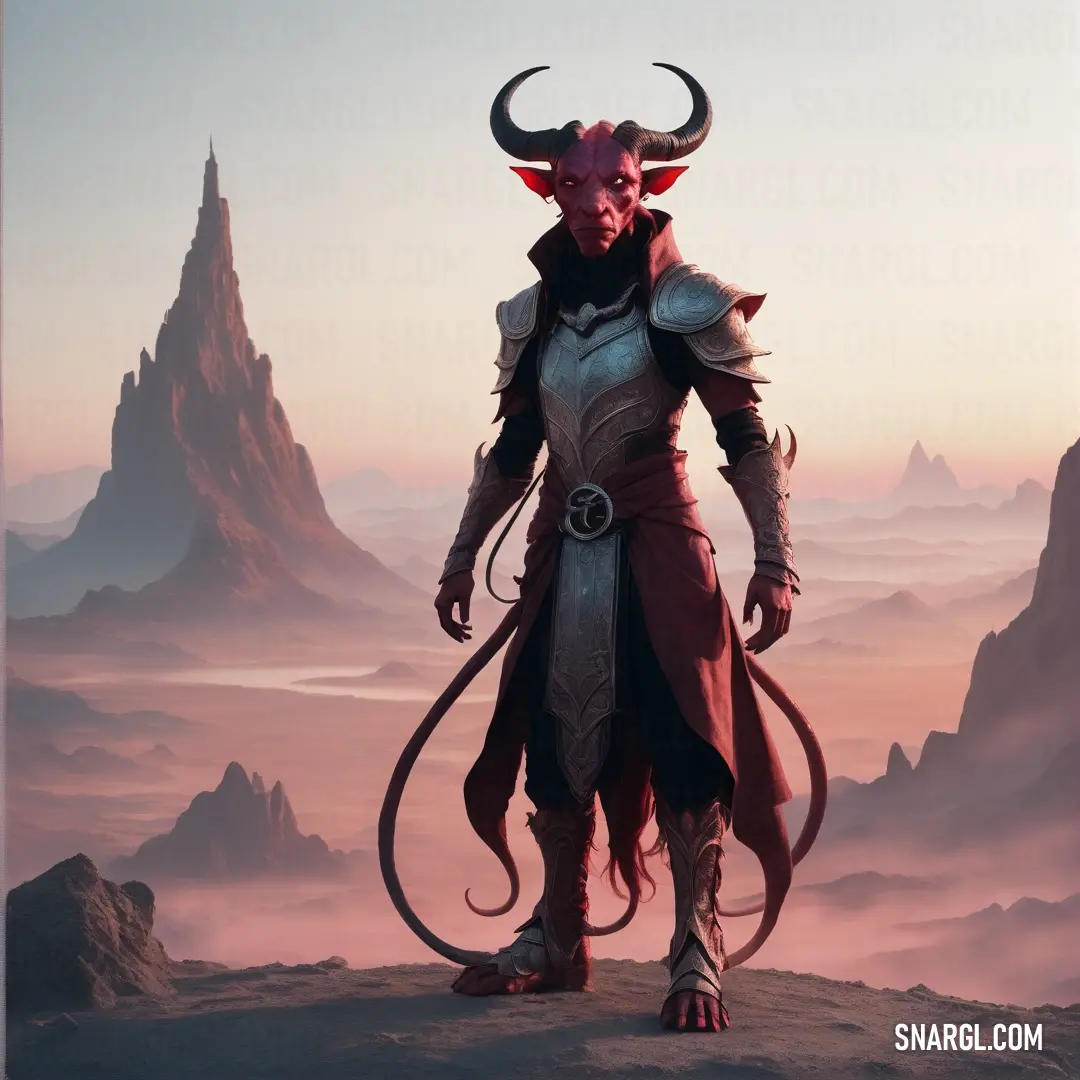 Tiefling in a horned costume standing on a mountain top with a horned head and horns on his head