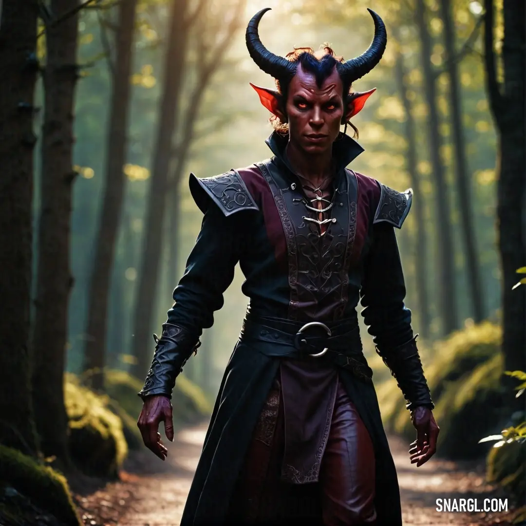 Tiefling in a horned costume walking down a path in the woods with horns on his head and a red nose