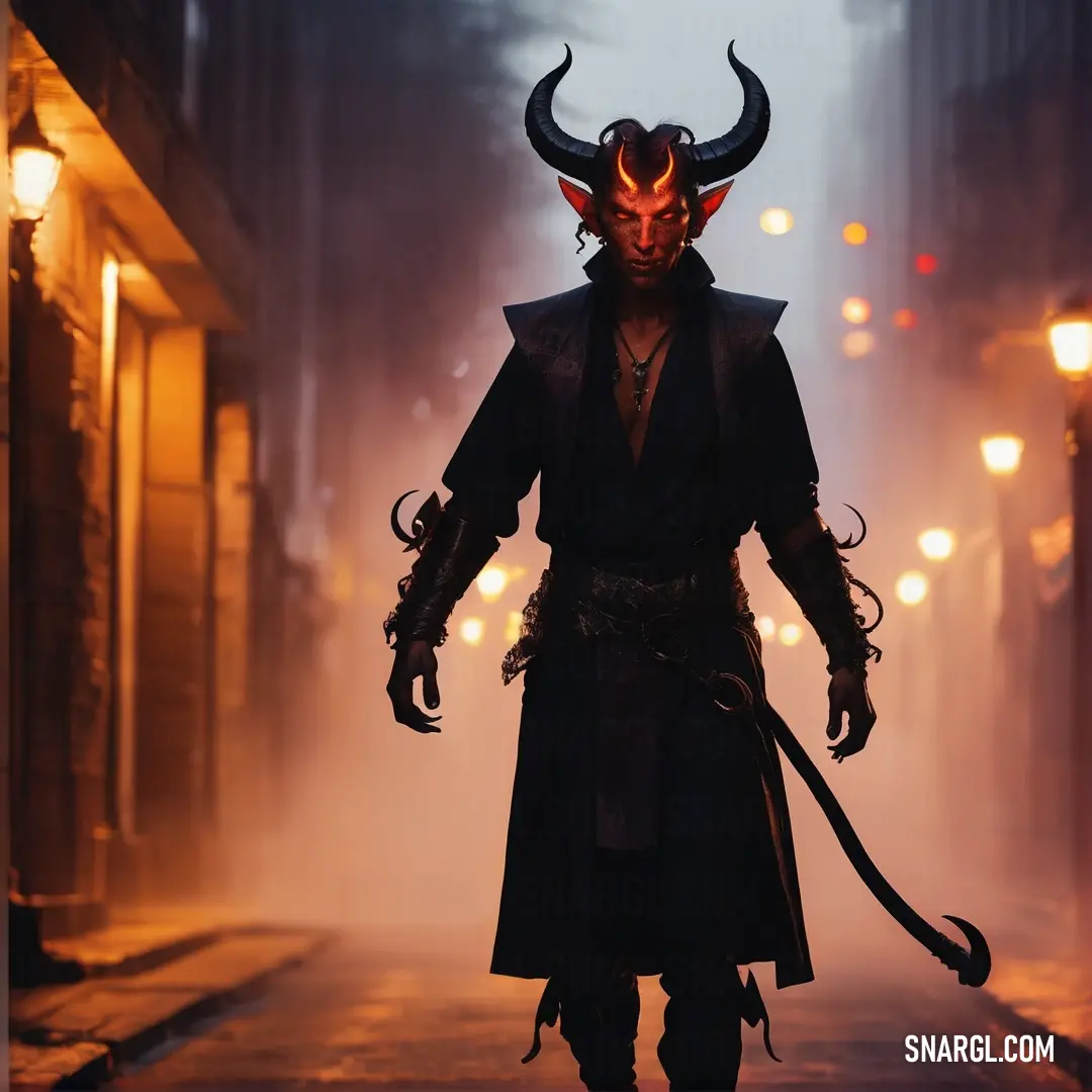 Man in a horned costume walking down a street at night with a cane in his hand and a Tiefling mask on