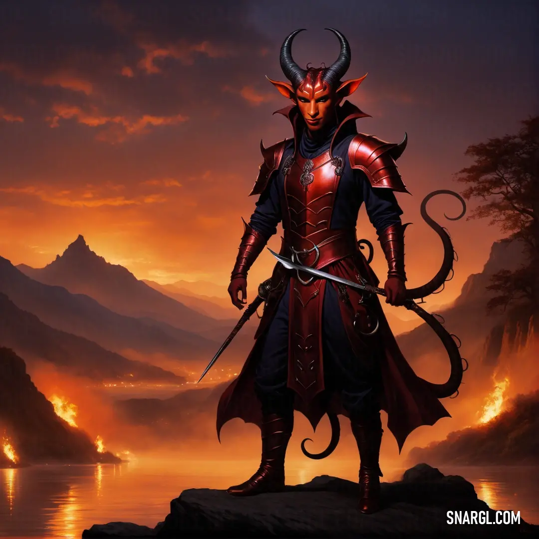 Tiefling in a red and black outfit holding a sword and standing on a rock in front of a lake