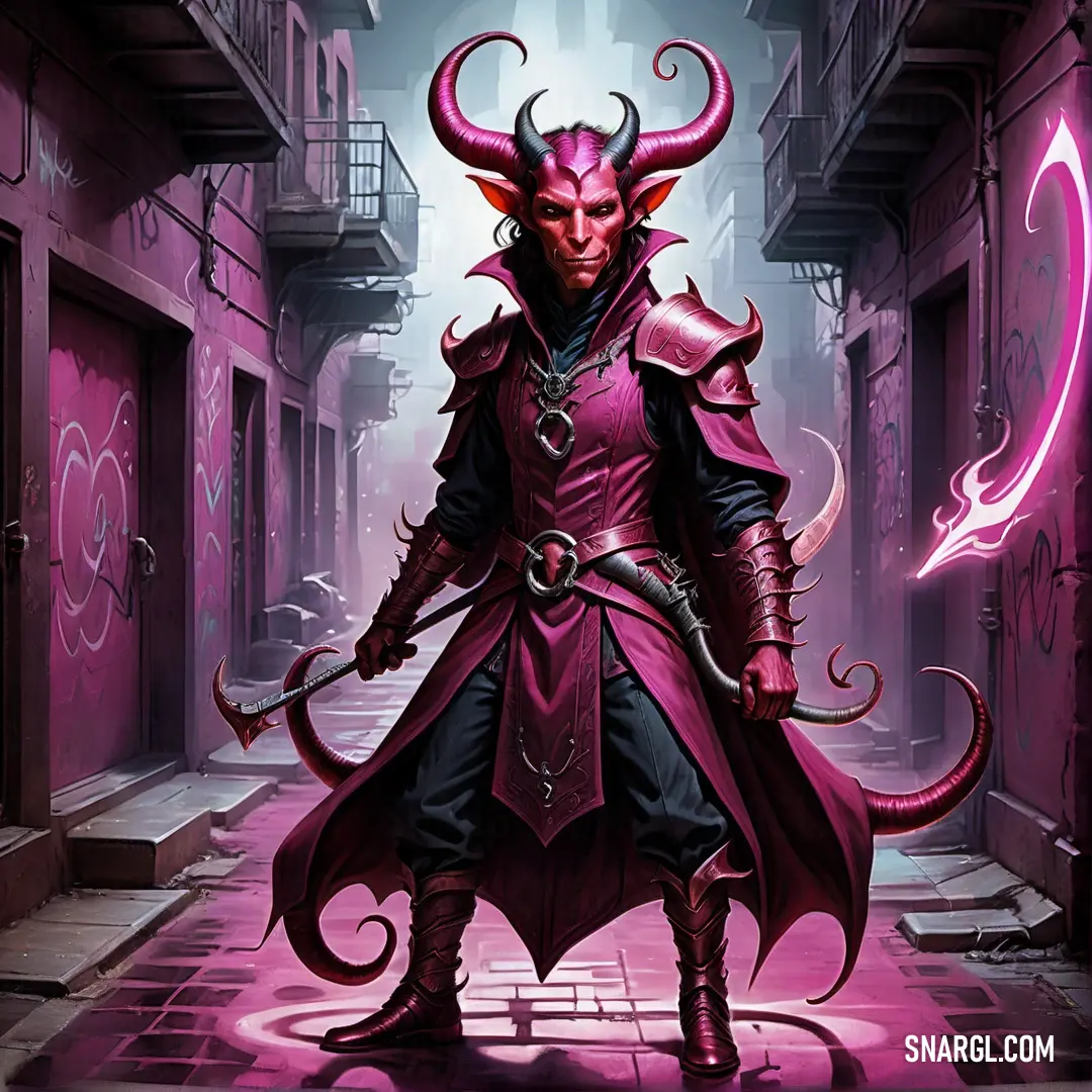 Tiefling in a red coat and devil mask holding a sword in a alley way with a pink light