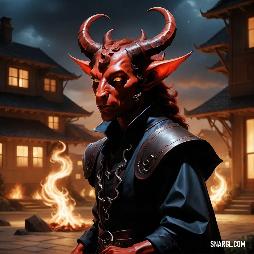 Tiefling in a red devil mask and black outfit standing in front of a house with flames in the background