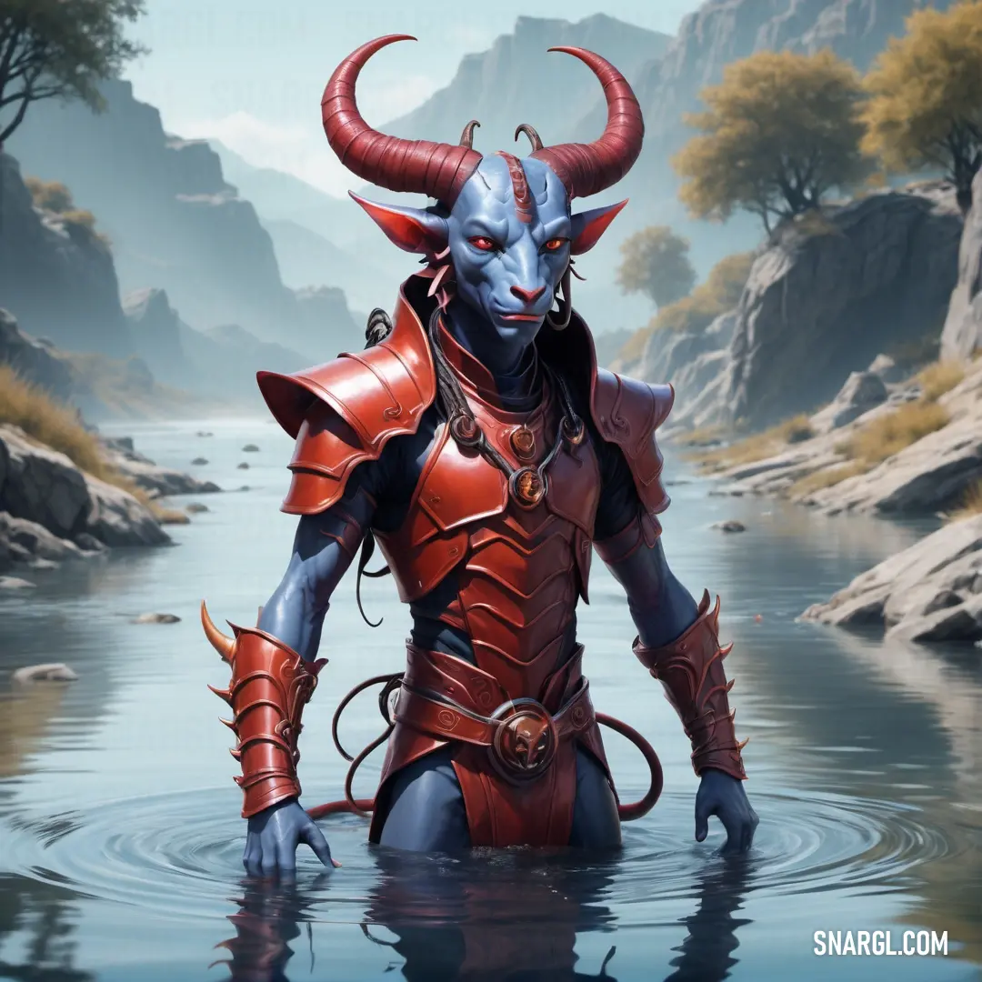 Painting of a Tiefling standing in a river with a mountain in the background