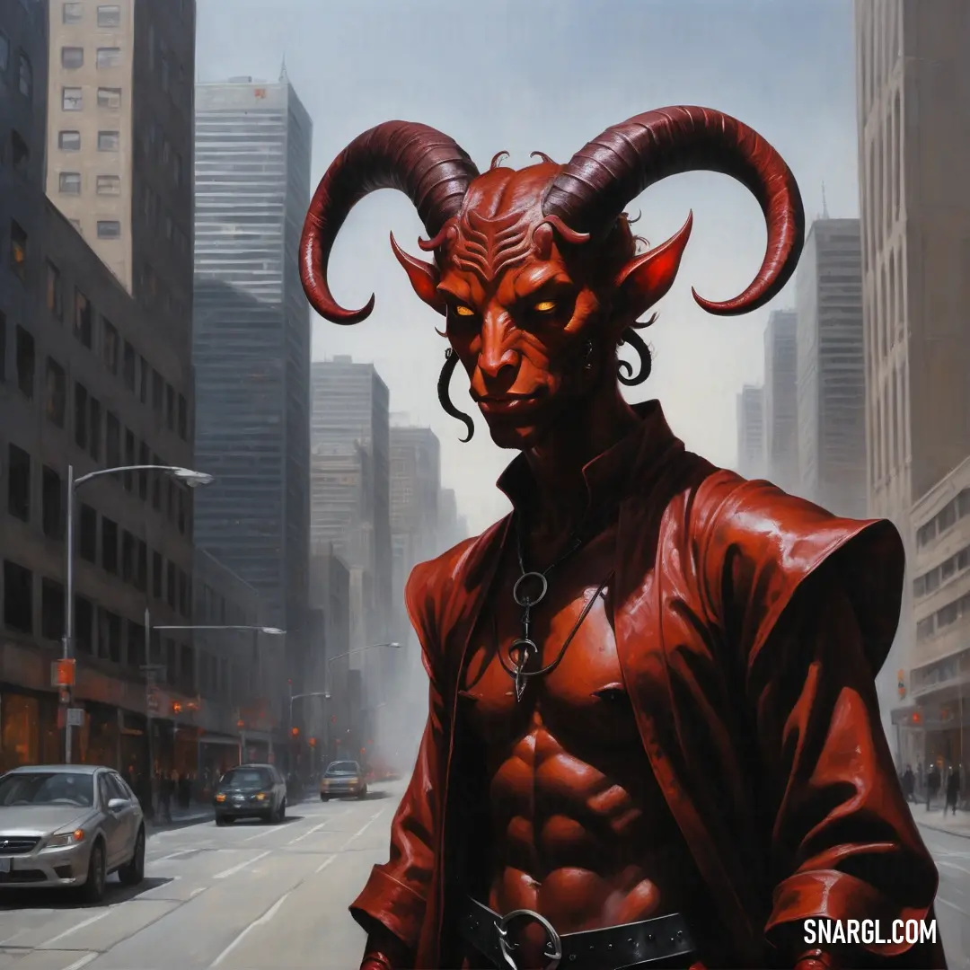 Painting of a Tiefling in a city street with a car in the background