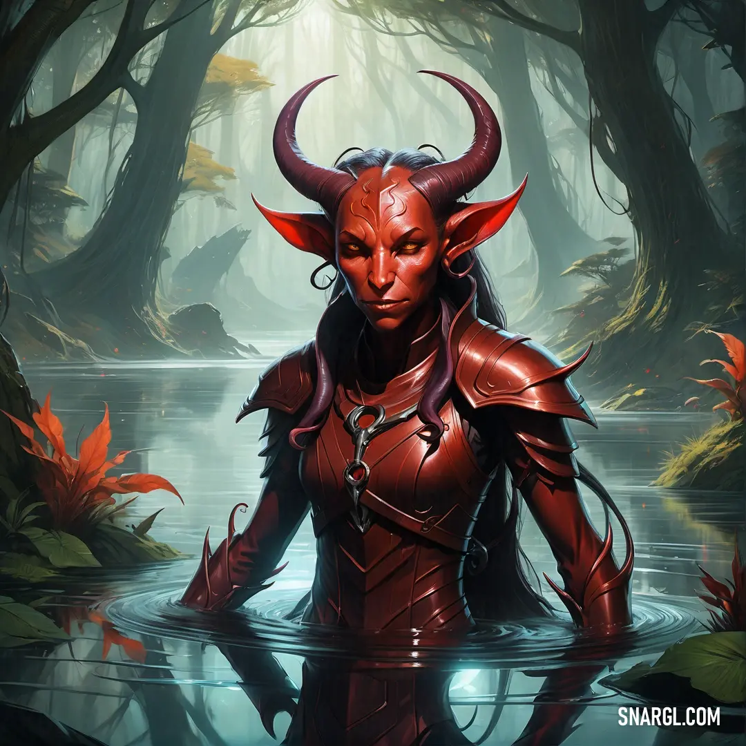 Red Tiefling with horns and a body of water in a forest with trees and plants around it