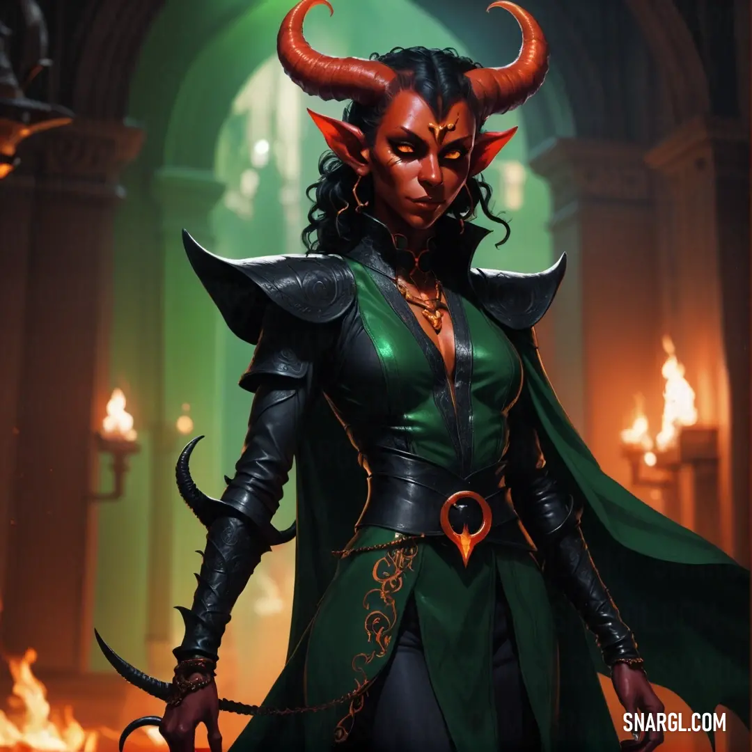 Tiefling dressed in a green outfit with horns and horns on her head