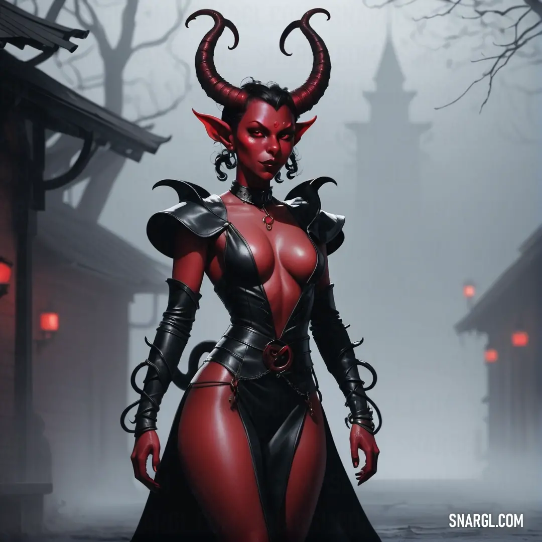 Tiefling dressed in a red and black costume with horns and horns on her head