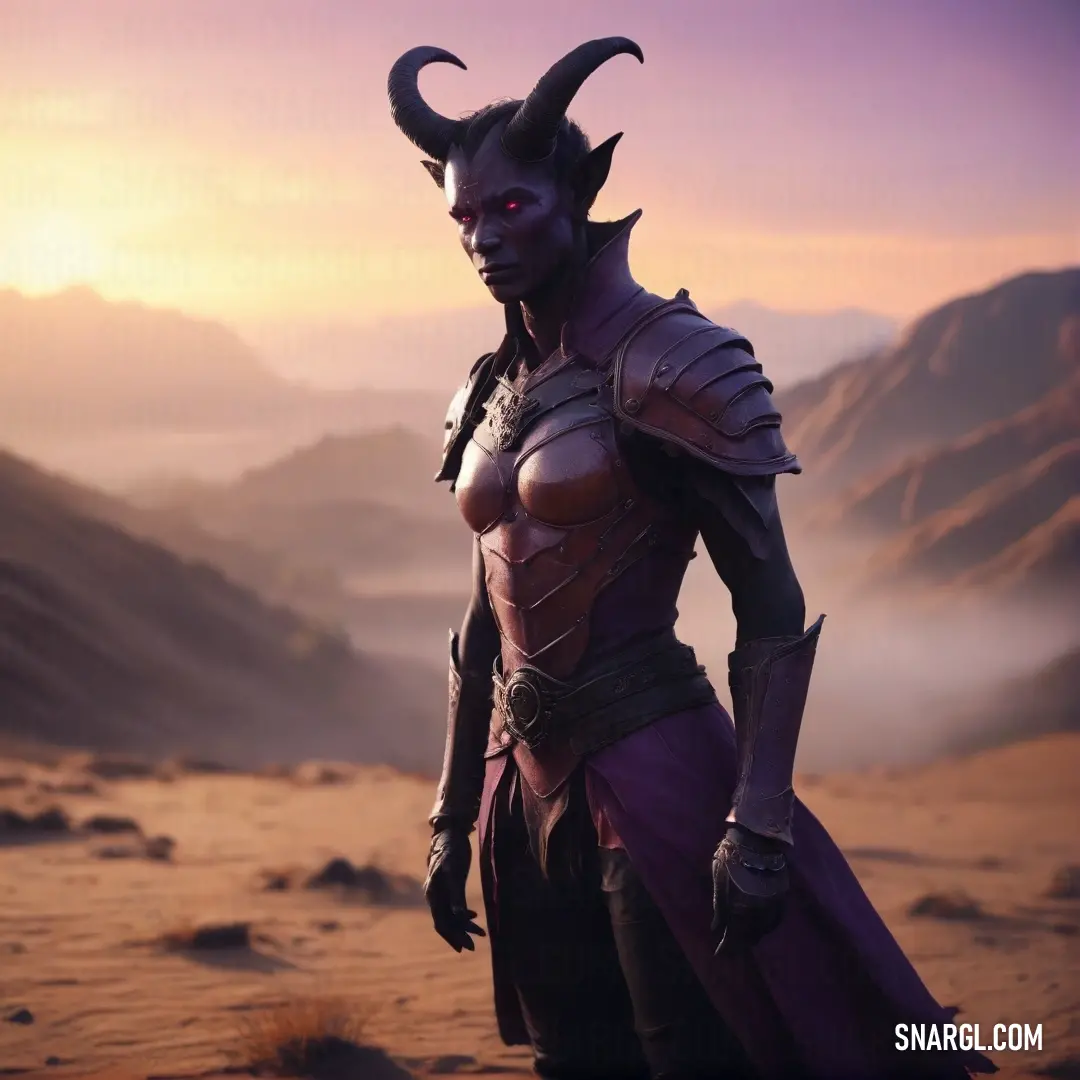 Tiefling in a costume standing in the desert at sunset with horns on her head and a horned face