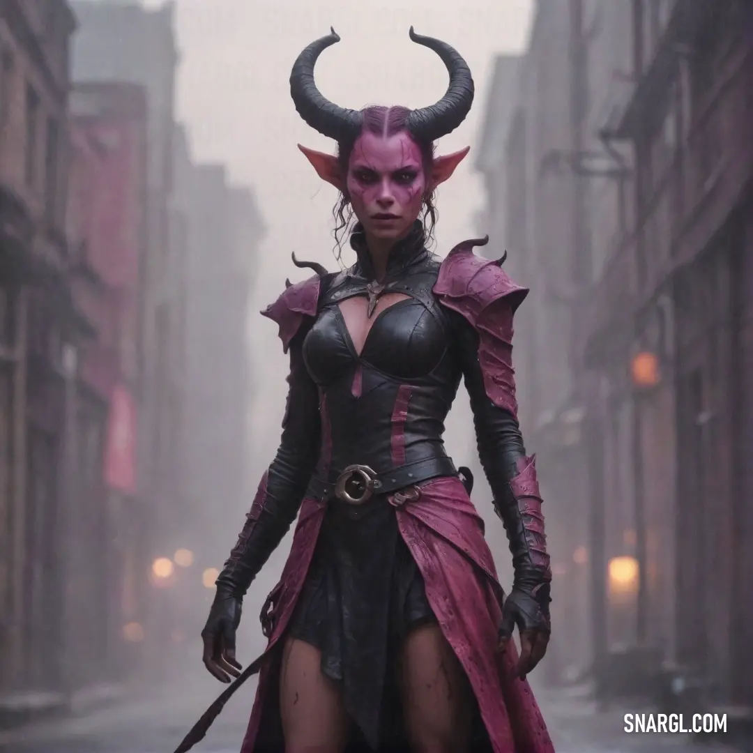 Tiefling in a costume with horns and horns on her head walking down a street in a city with buildings