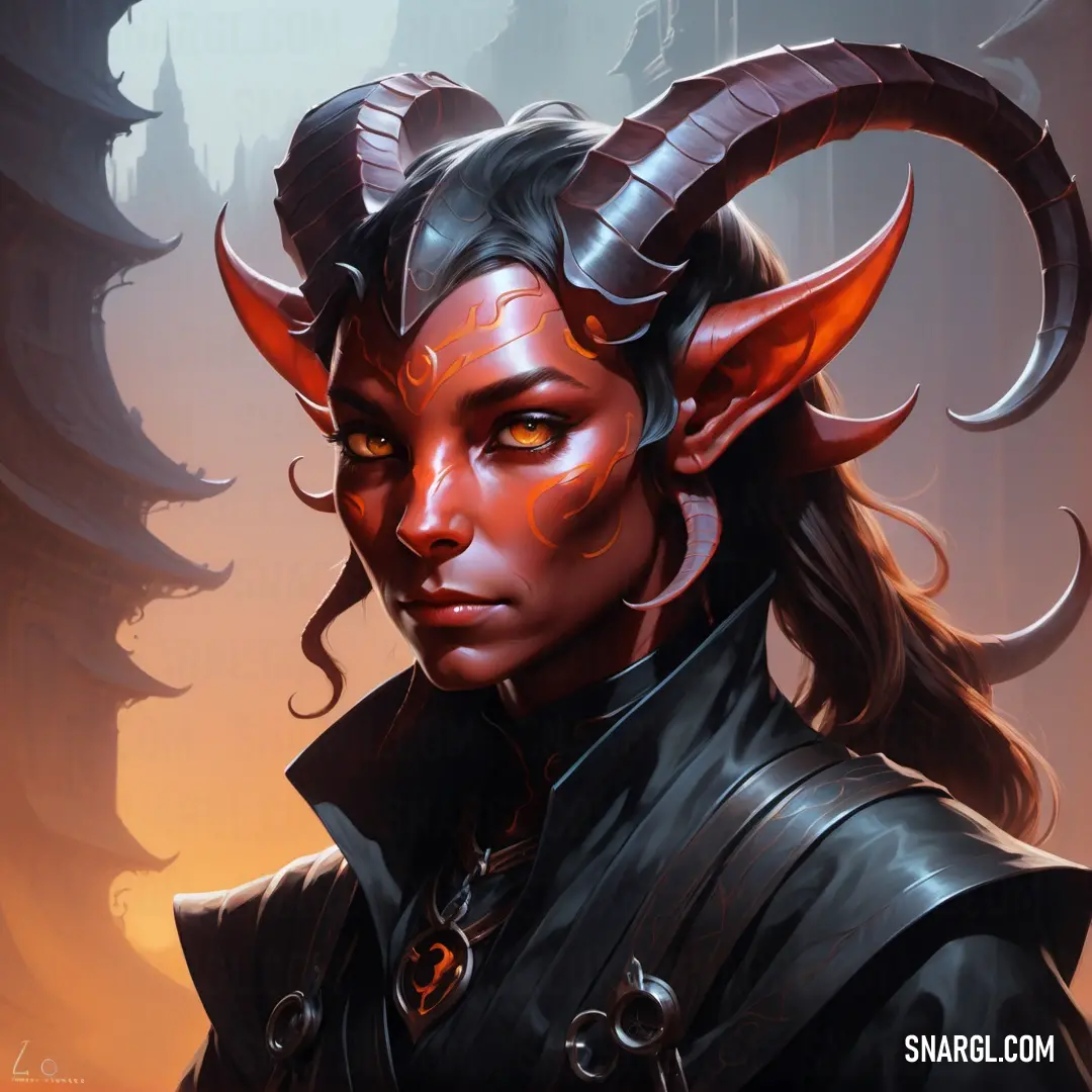 Tiefling with horns and horns on her head in a fantasy setting with a castle in the background