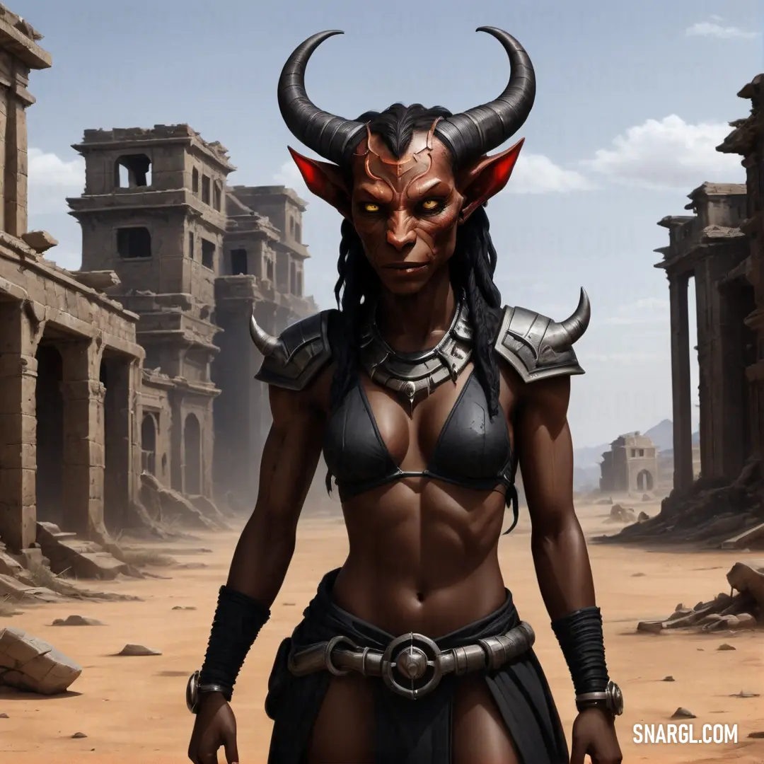 Tiefling with horns and a bra is standing in a desert area with ruins and ruins in the background