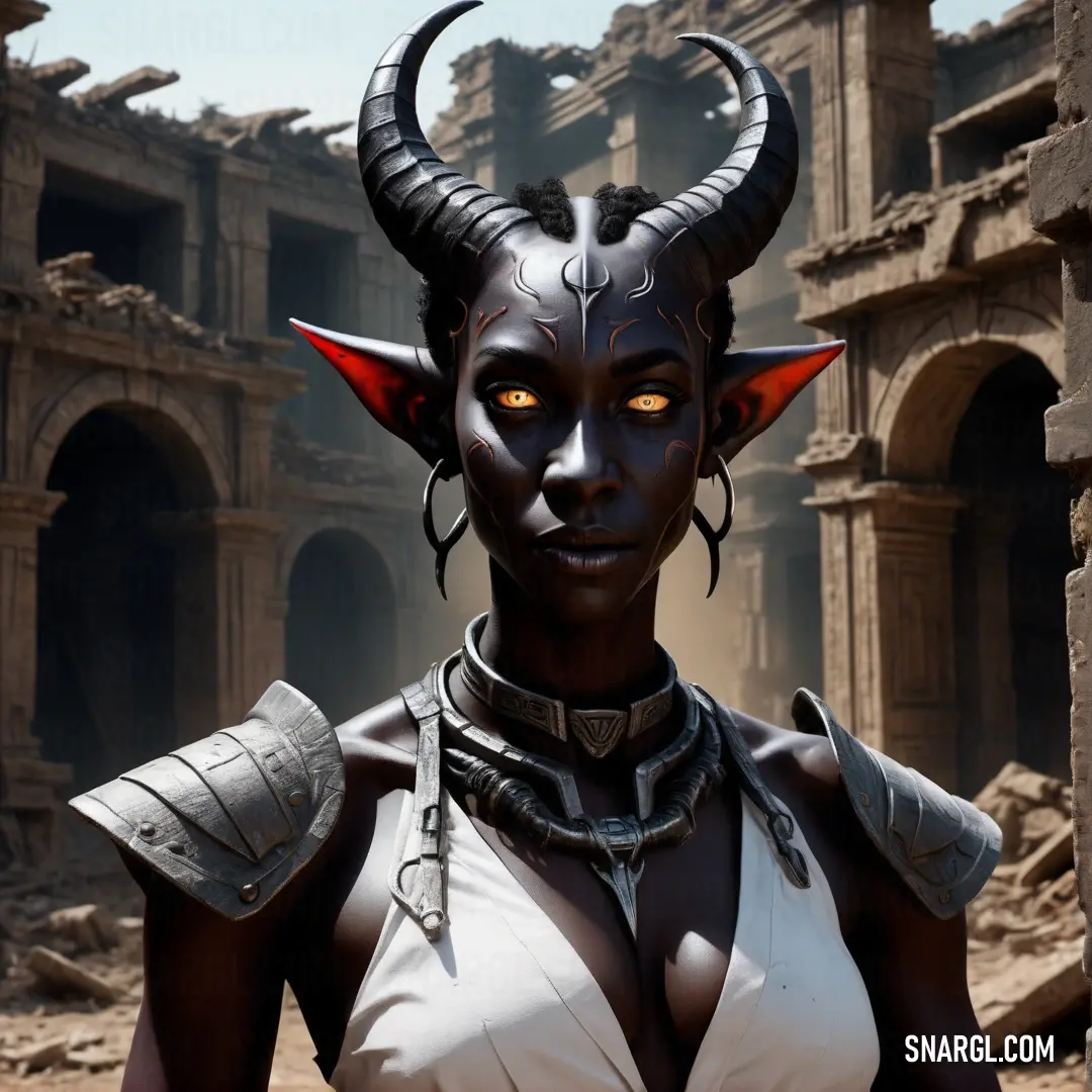 Tiefling with horns and horns on her head in a desert setting with ruins in the background