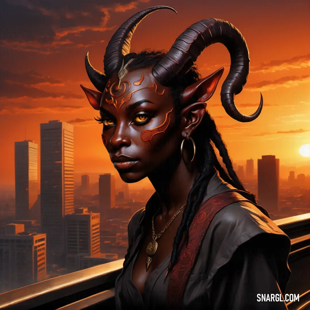 Tiefling with horns and a black dress on a balcony with a city skyline in the background
