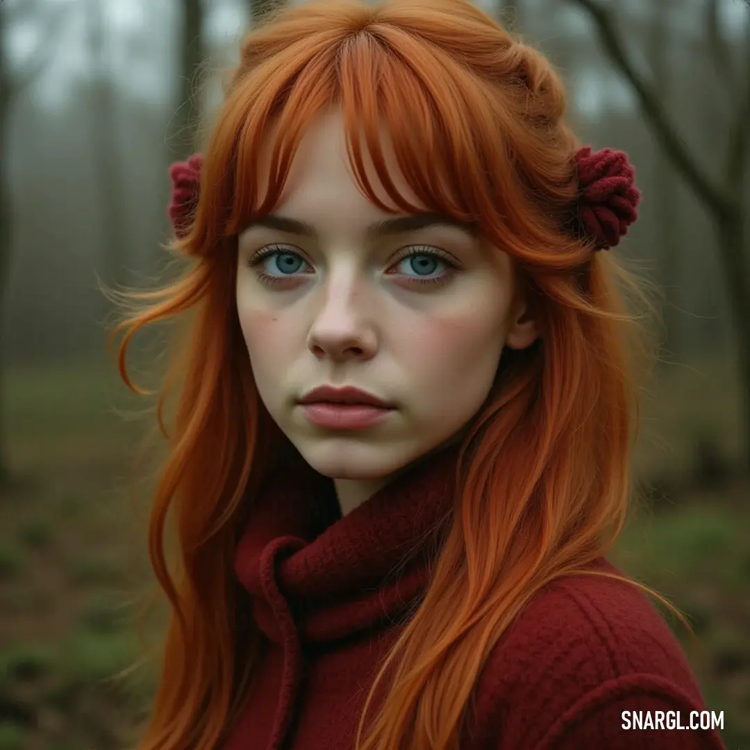 A spirited girl with red hair and captivating blue eyes showcases her playful charm in a festive red sweater, complete with a delightful bow, against a captivating winter wonderland. With a striking appearance, a girl with red hair and expressive blue eyes dons a cozy red sweater adorned with a bow, her warm smile shining brightly against the backdrop of a vibrant winter landscape, drawing hearts closer.