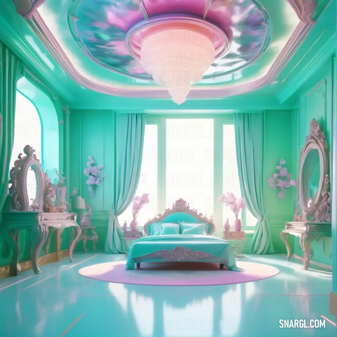Bedroom with a bed, mirror, dressers and a chandelier in it's center. Example of RGB 10,186,181 color.