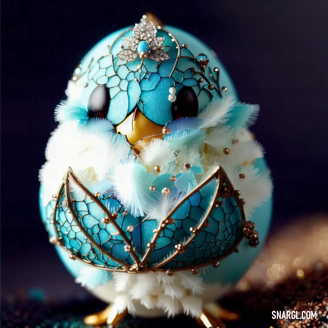 Blue and white owl figurine on a table next to a blue background with gold accents