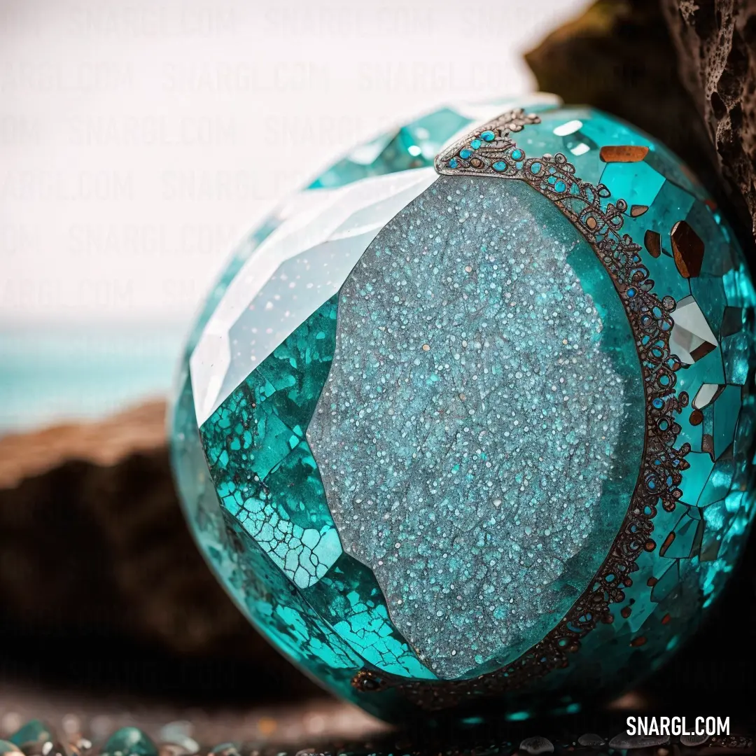 Blue ball with a diamond pattern on it on a rock next to the ocean