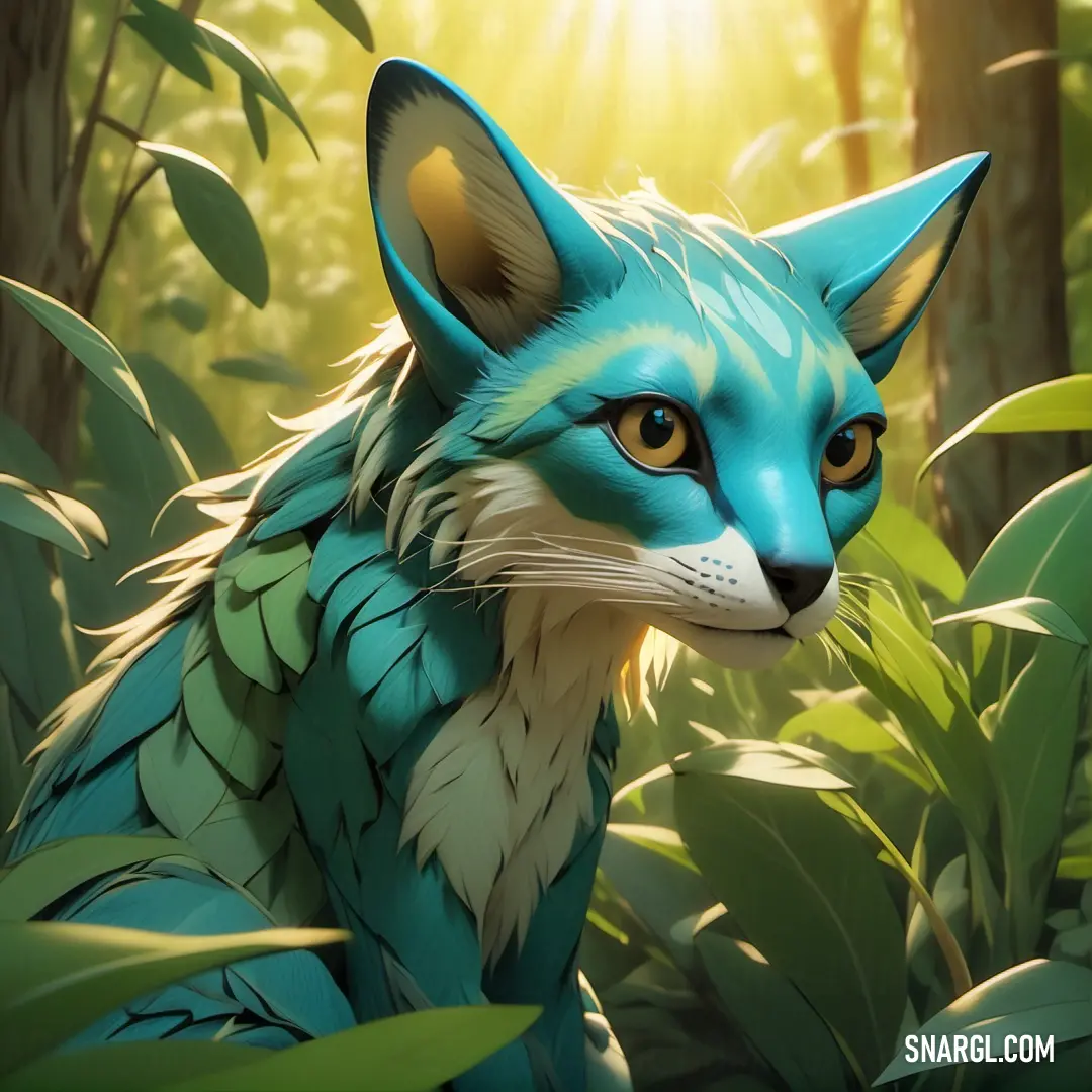 Blue fox with green feathers in the woods with sunlight shining through the trees behind it and leaves around it