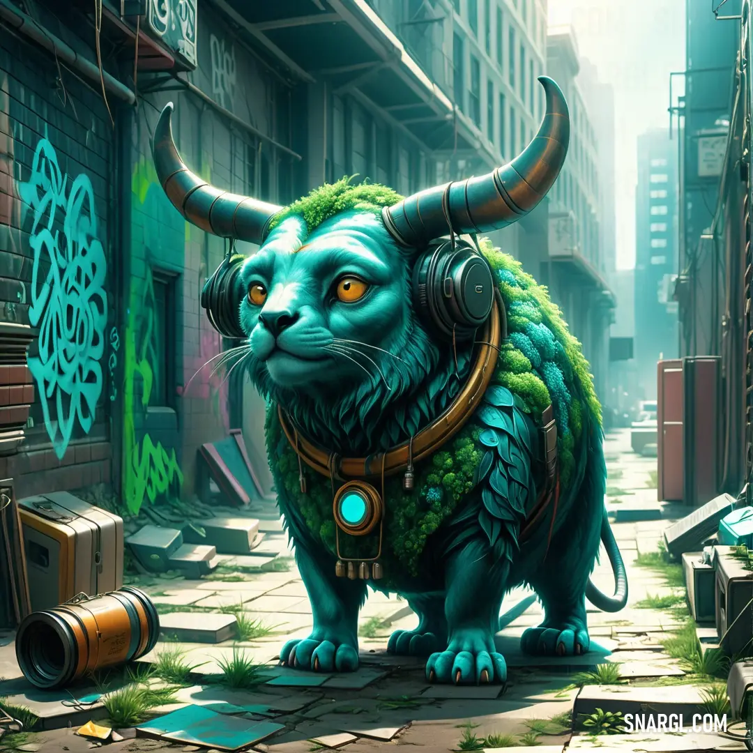 Green monster with headphones on standing in a street with graffiti on the walls and buildings in the background