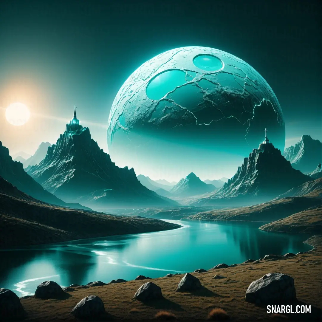 Painting of a planet with mountains and a lake in the foreground and a distant mountain range in the background