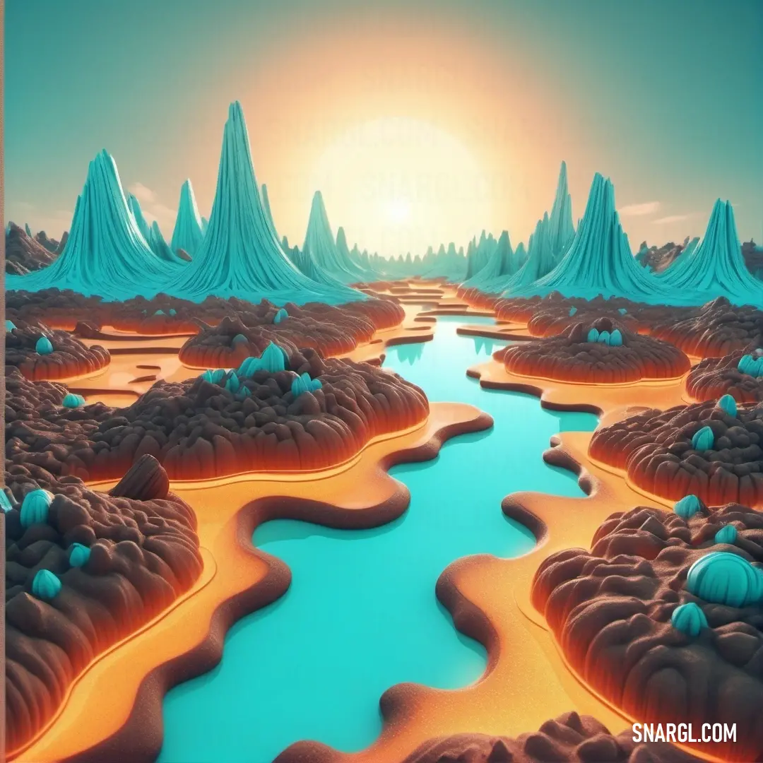 Painting of a river surrounded by mountains and trees with a sun in the background and a blue sky. Color #0ABAB5.