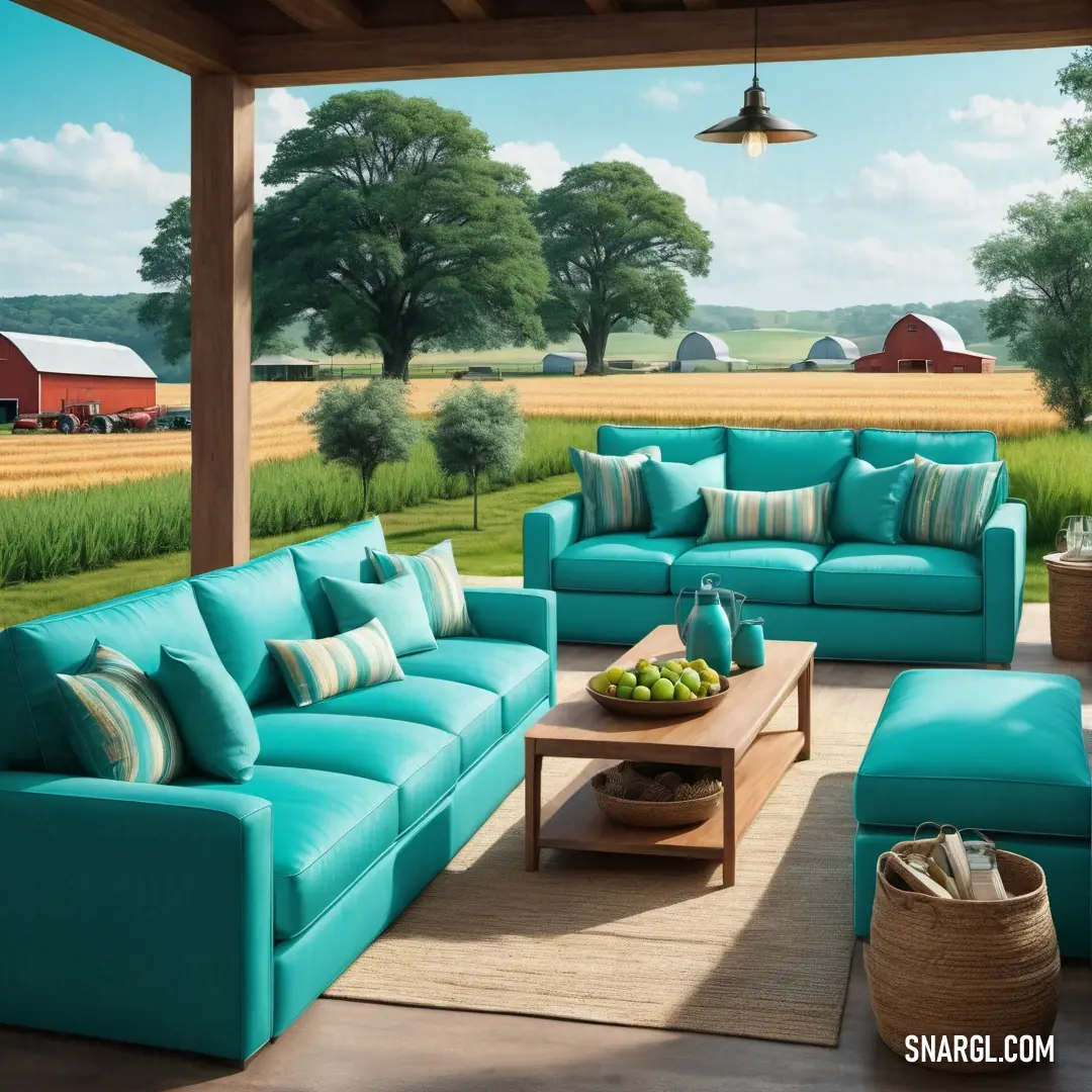 Blue couch and chair on a patio with a table and a basket of fruit on the table and a barn in the background. Color RGB 10,186,181.