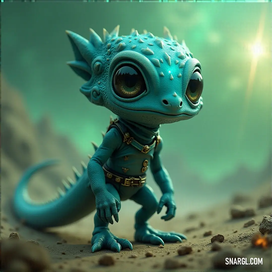 Blue toy lizard with big eyes and spikes on its head. Color RGB 10,186,181.