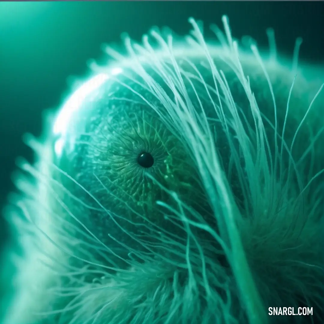 Close up of a green plant with a black eyeball in the center of its center. Example of CMYK 95,0,3,27 color.