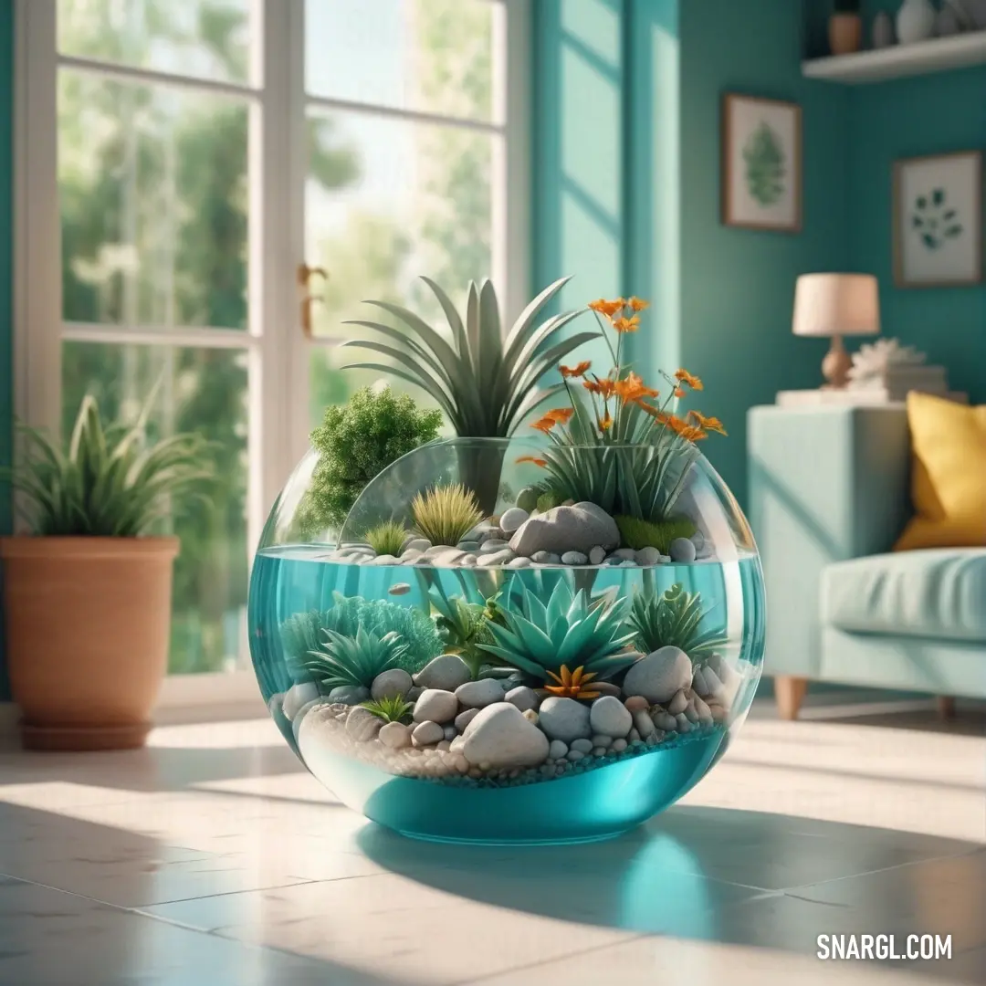 Fish bowl filled with plants and rocks in a living room with a couch and window behind it. Example of #0ABAB5 color.
