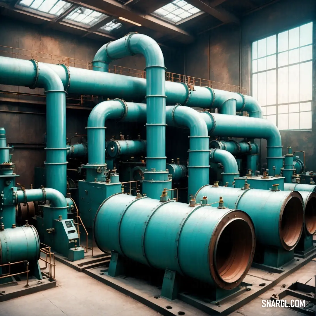 Tiffany Blue color. Large group of pipes in a building with windows in the background