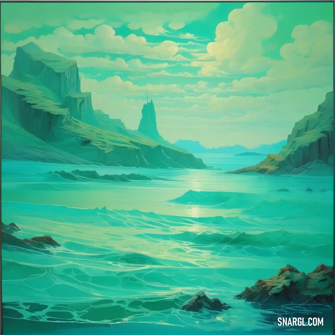 Tiffany Blue color. Painting of a mountain lake with a sky background