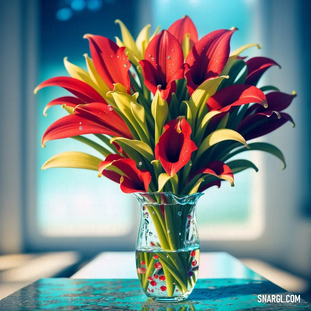 Vase filled with red and yellow flowers on a table next to a window with a blue background
