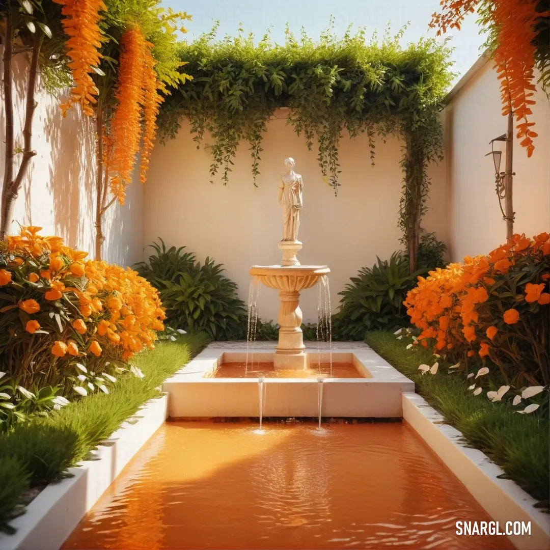 Fountain in a garden with orange flowers around it and a statue in the center of the fountain surrounded by greenery