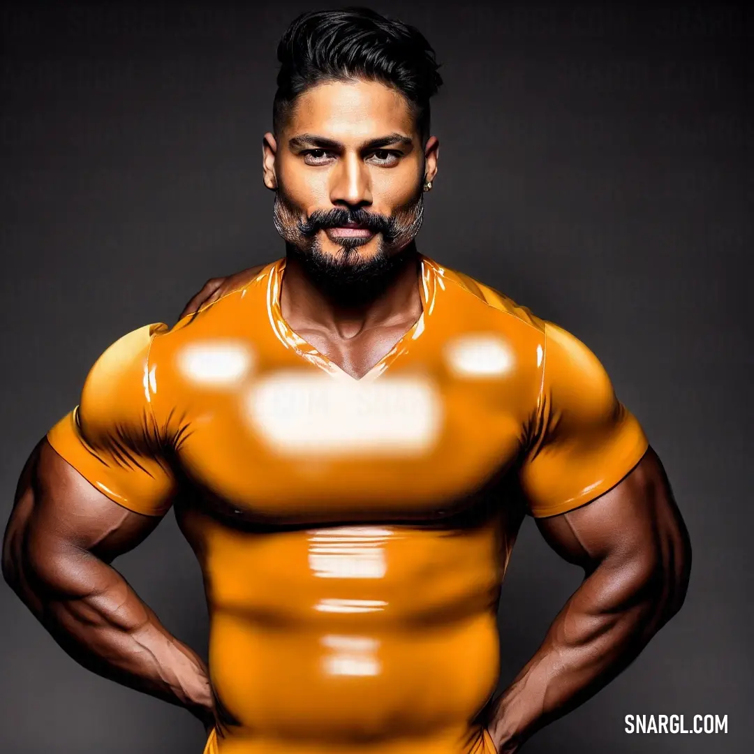 Man with a beard and a mustache in a yellow bodysuit posing for a picture with his hands on his hips