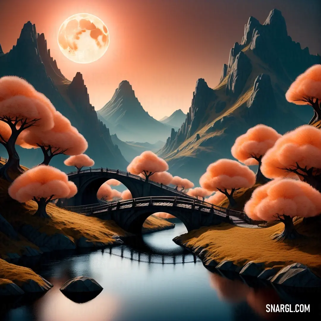 Painting of a bridge over a river with a full moon in the background and mountains in the foreground. Example of Tiger eye color.