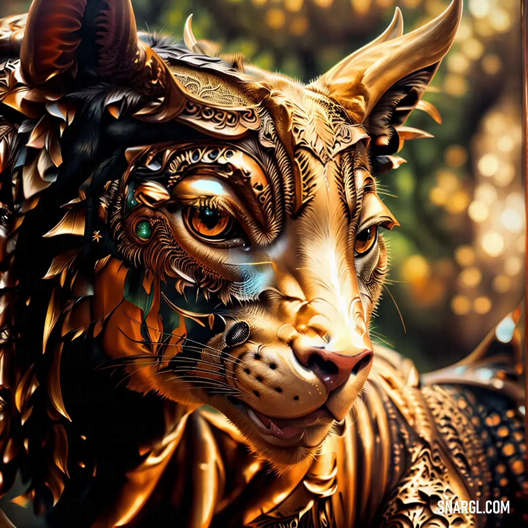 Painting of a cat with a gold body and a green eyes and a gold head and tail