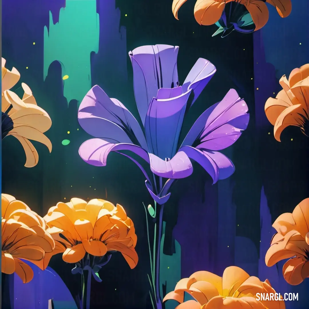 Painting of a purple flower with orange flowers in the background