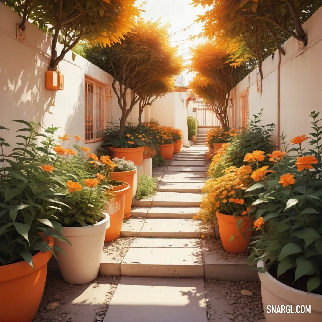 Pathway lined with potted plants and trees next to a building with a gate and windows on both sides. Color CMYK 0,37,73,12.