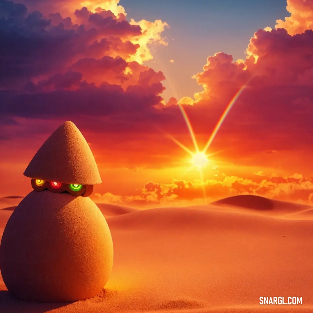 Rock with eyes and a pyramid in the desert at sunset with a bright sun in the background and clouds in the sky