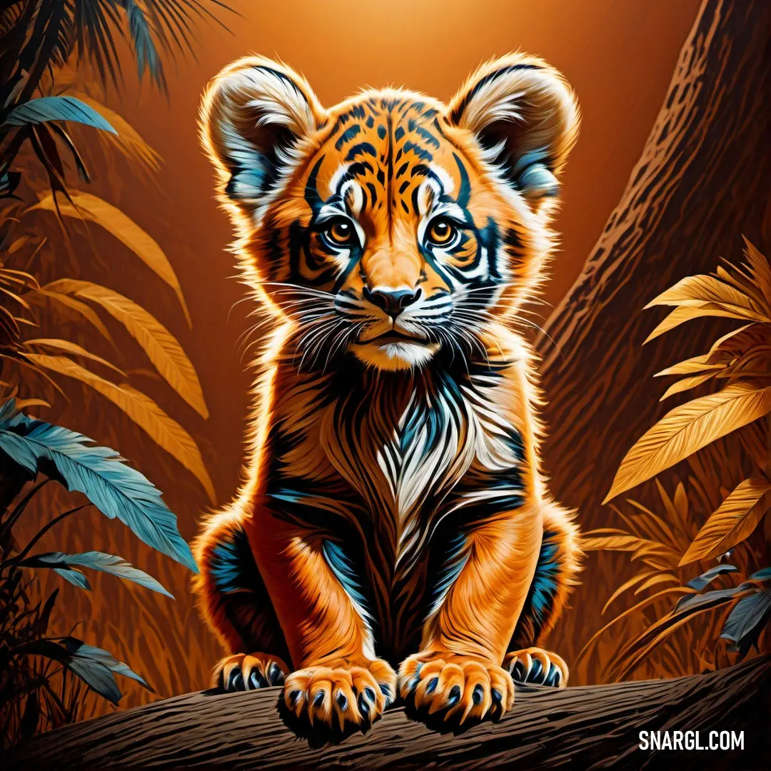 Tiger cub on a tree branch in a jungle with a bright light behind it and a background of leaves. Example of #E08D3C color.