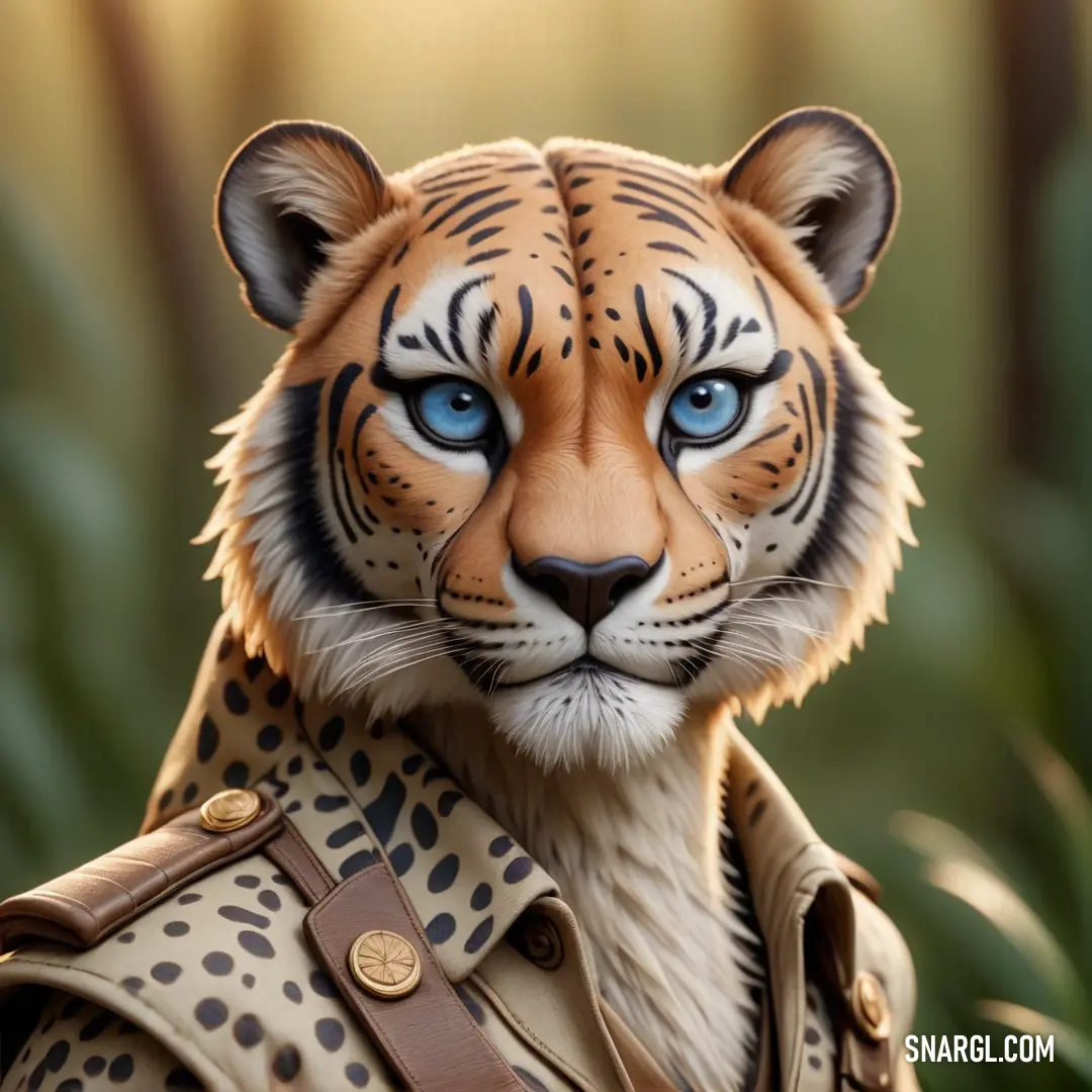 Close up of a tiger wearing a leather jacket and a backpack with a jungle background. Example of #E08D3C color.