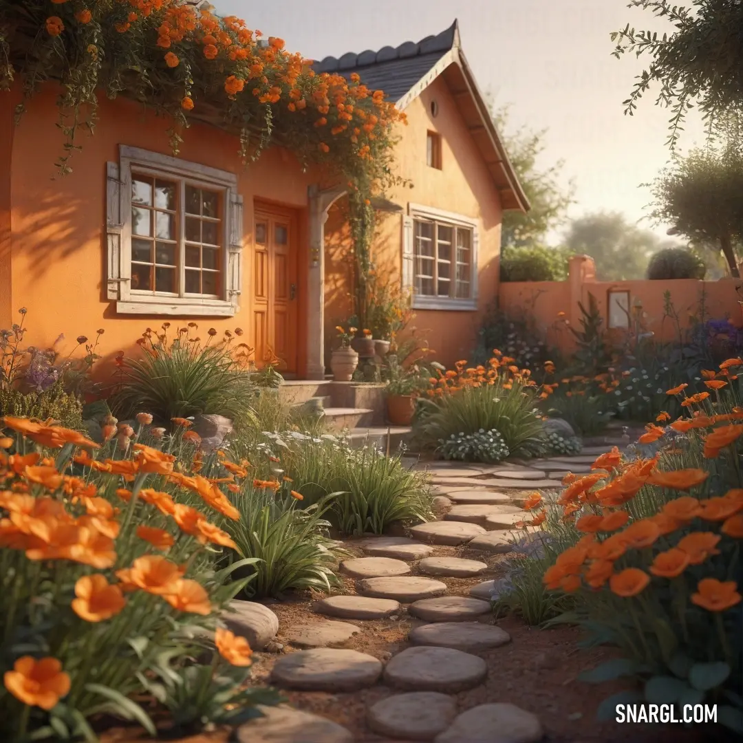 House with a garden of flowers and rocks in front of it. Color CMYK 0,37,73,12.