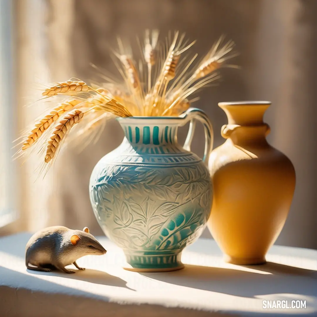 Vase with a plant in it next to a small mouse on a table next to a vase. Example of #E08D3C color.