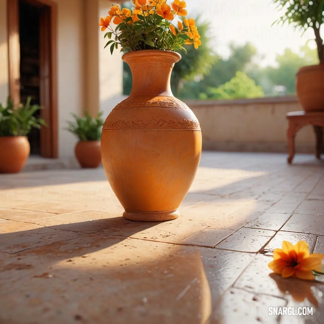 Vase with flowers on a patio floor next to a bench and a bench with a bench in the background. Color #E08D3C.