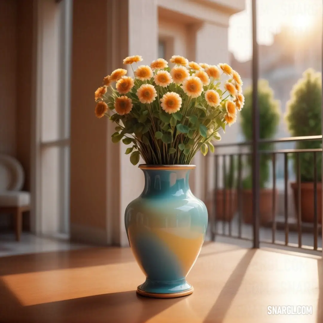 Vase with flowers in it on a table outside a window sill with a railing in the background. Example of #E08D3C color.