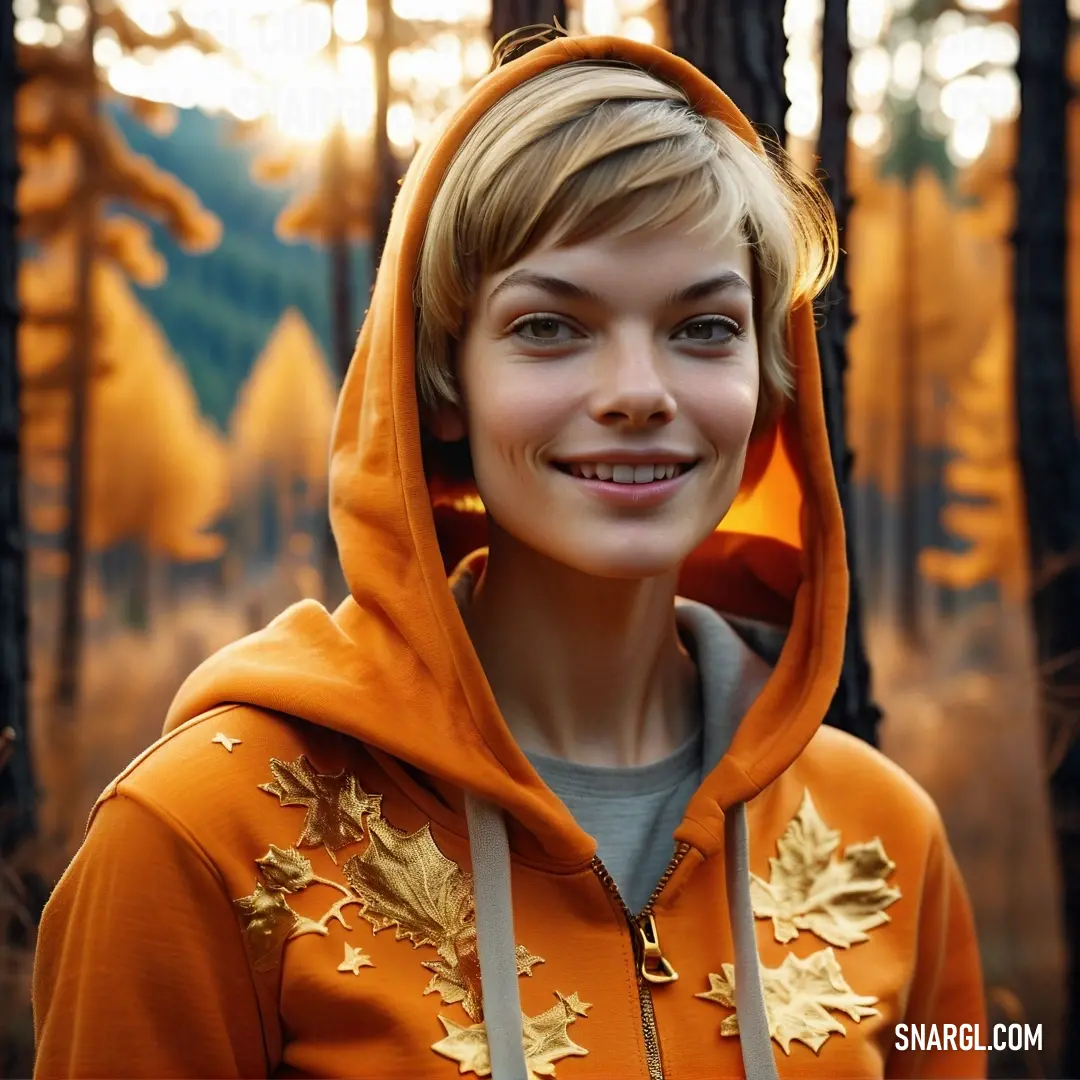 Woman in a hoodie is smiling for the camera in a forest with trees and a tent in the background. Example of RGB 224,141,60 color.